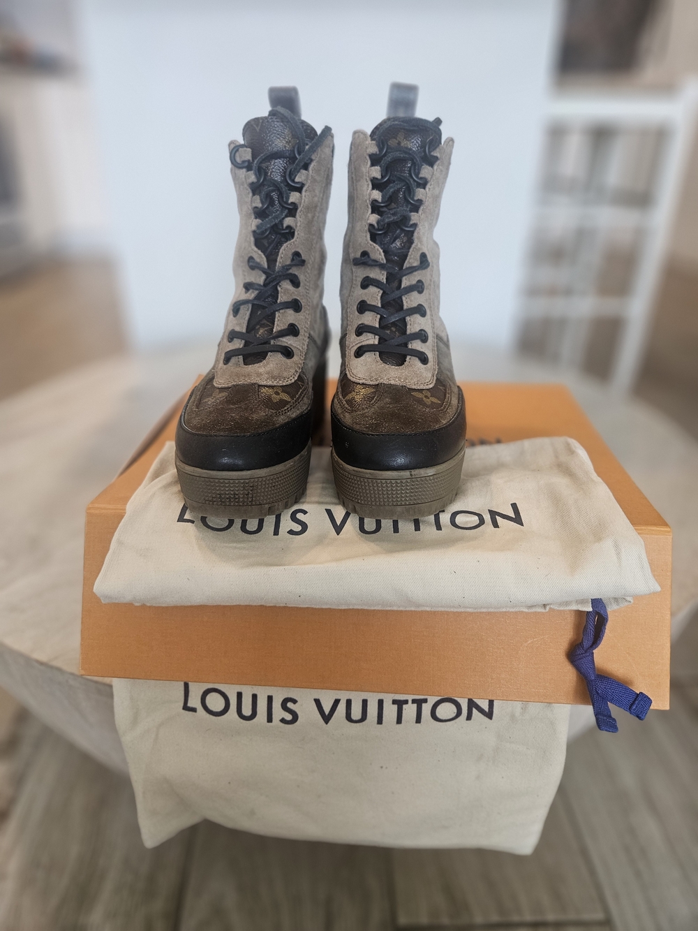 Louis Vuitton Brown & Tan Lace-Up Platform Boots